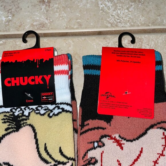 CHUCKY TIFFANY BRIDE CHILDS PLAY HORROR MOVIE 2 PR CREW NOVELTY SOCKS NEW - Picture 2 of 4